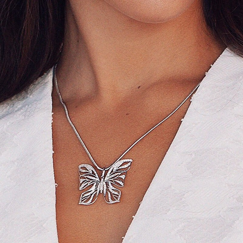 Awakening Butterfly Pendant White Rhodium Plated